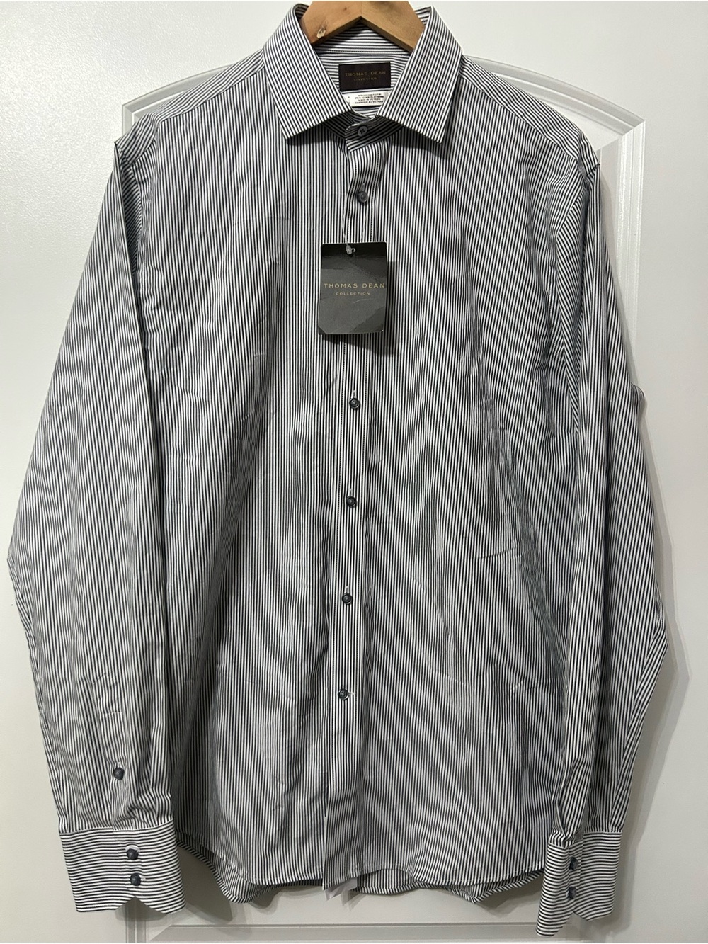 Thomas Dean Black and White Thin-Striped Dress Shirt
